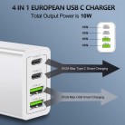 Мережевий зарядний пристрій з 4 портами USB (2xUSB + 2xType-C) 10 Вт, 2 А, білий зарядний блок